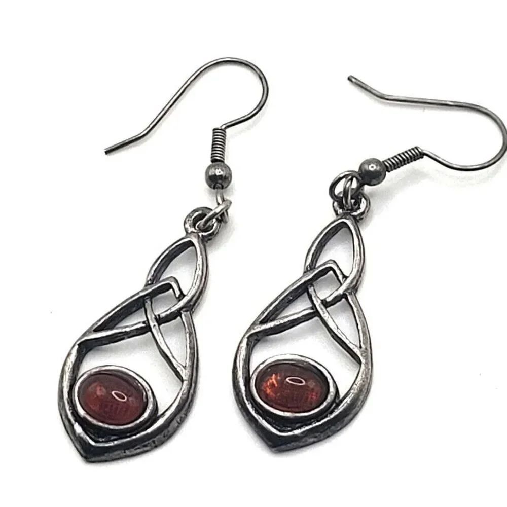 Bohemian Silver Amber Cabochon Nature Style earrings 2.25in